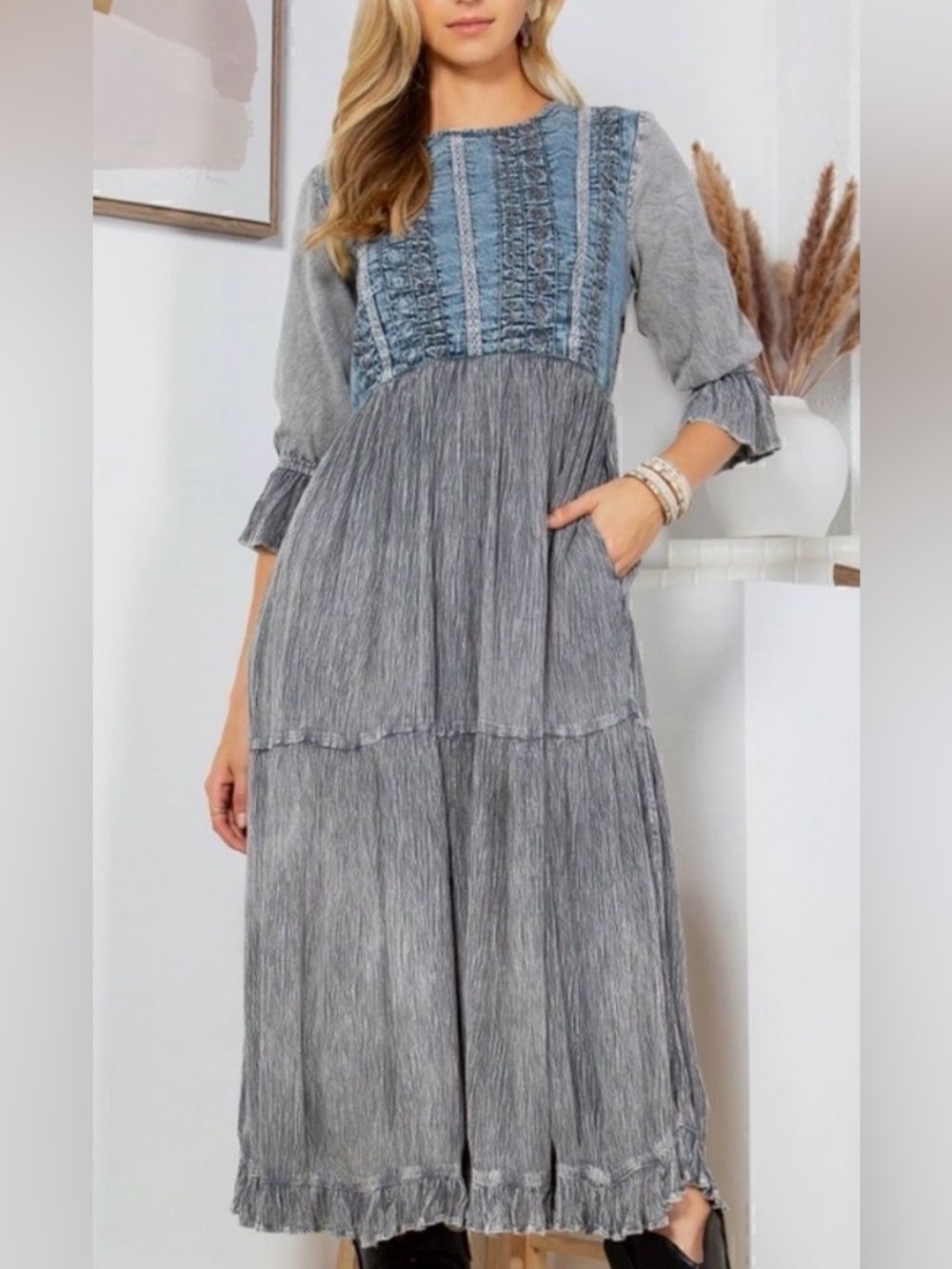 New Young Threads Grey Tiered Maxi Dress with Textured Bodice